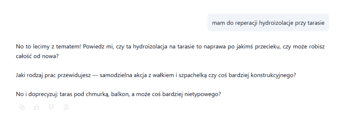 Hydroizolacja tarasu - Widok listy i wskazania kart